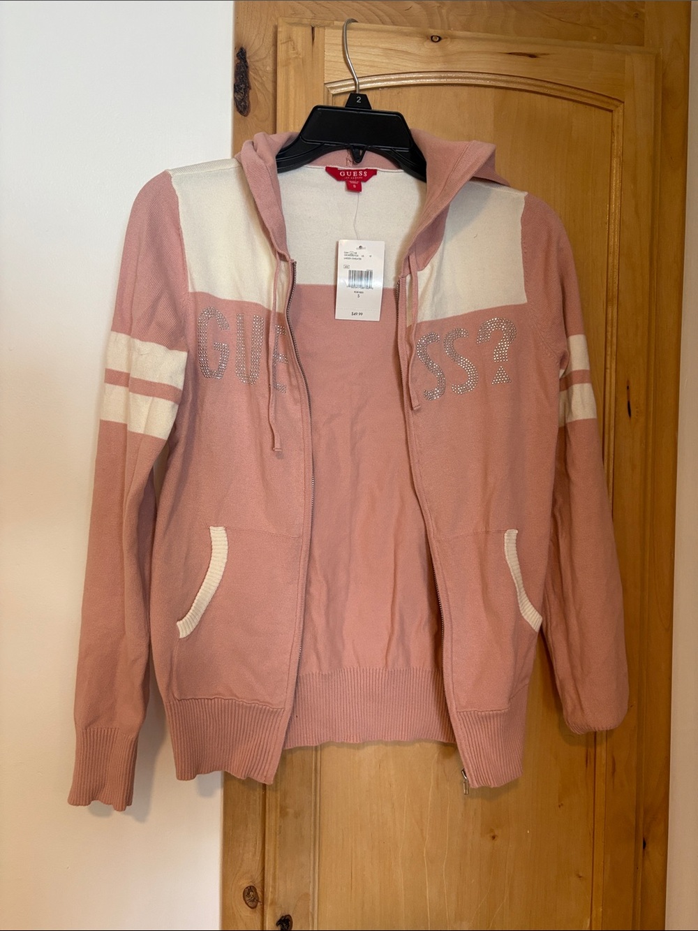 GUESS Pink and White Zip Hoodie Bomber Jacket